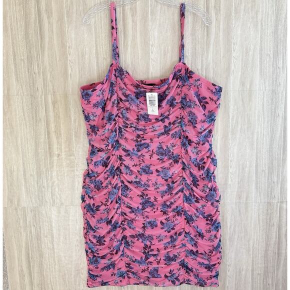 Torrid Mini Shirred Bodycon Dress Size 3X Floral Ruched Pink Mesh Fairy Cottage - Picture 4 of 16